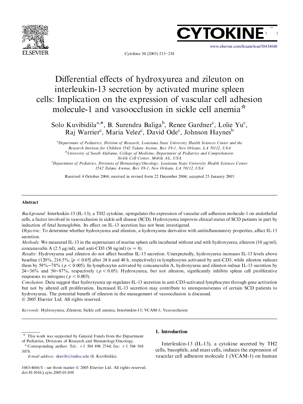 Differential effects of hydroxyurea and zileuton on interleukin-13 secretion by activated murine spleen cells: Implication on the expression of vascular cell adhesion molecule-1 and vasoocclusion in sickle cell anemia