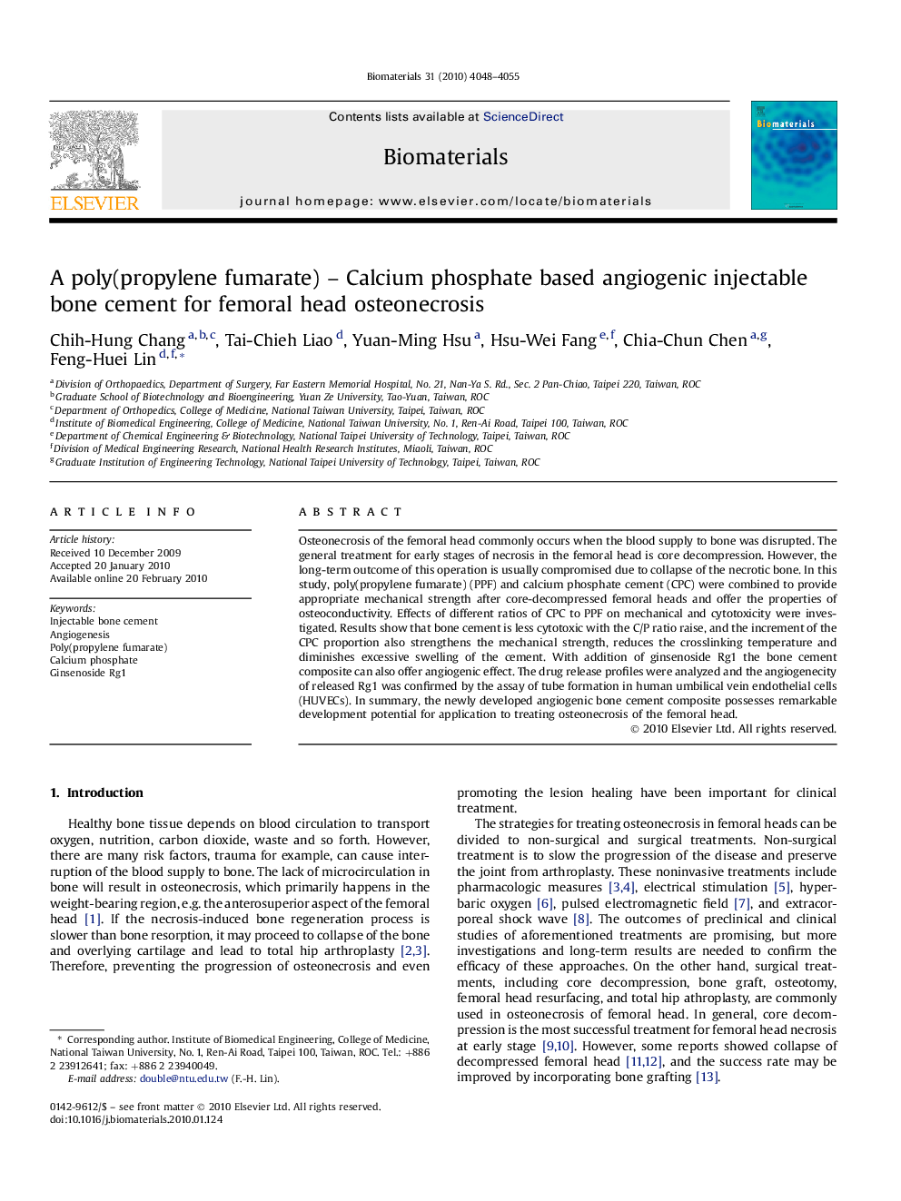 A poly(propylene fumarate) – Calcium phosphate based angiogenic injectable bone cement for femoral head osteonecrosis