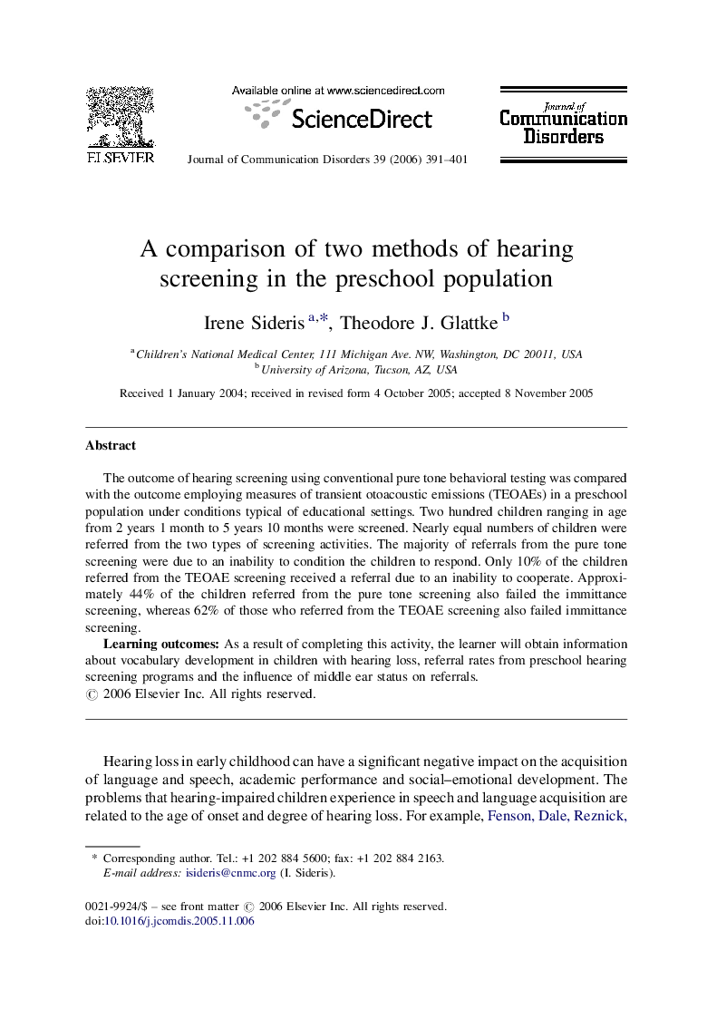 A comparison of two methods of hearing screening in the preschool population