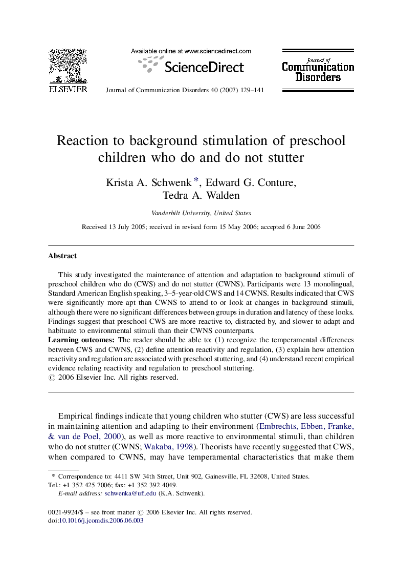 Reaction to background stimulation of preschool children who do and do not stutter