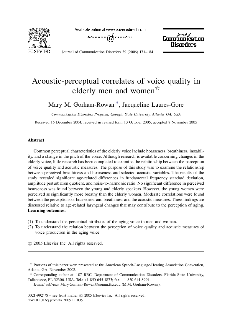 Acoustic-perceptual correlates of voice quality in elderly men and women 