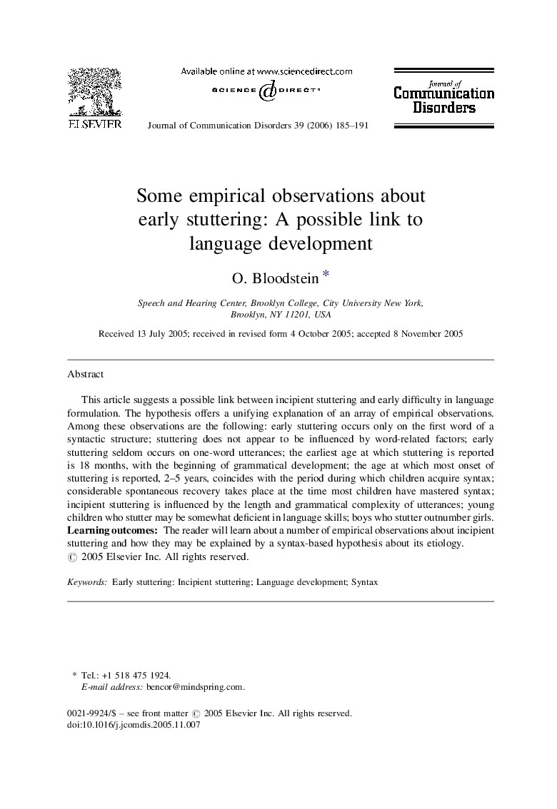 Some empirical observations about early stuttering: A possible link to language development