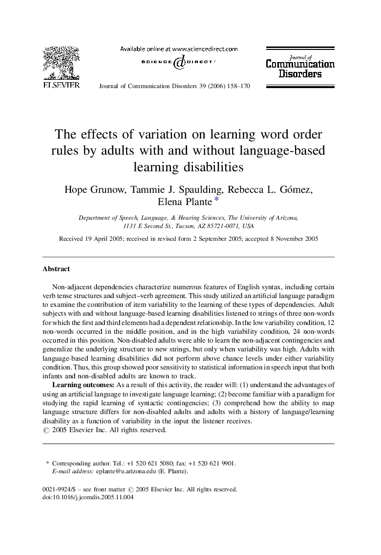 The effects of variation on learning word order rules by adults with and without language-based learning disabilities