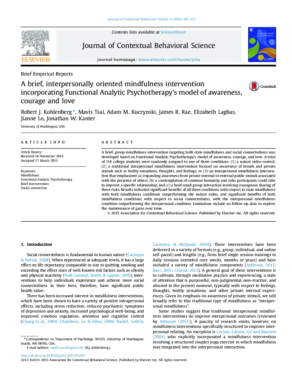 A brief, interpersonally oriented mindfulness intervention incorporating Functional Analytic Psychotherapy׳s model of awareness, courage and love