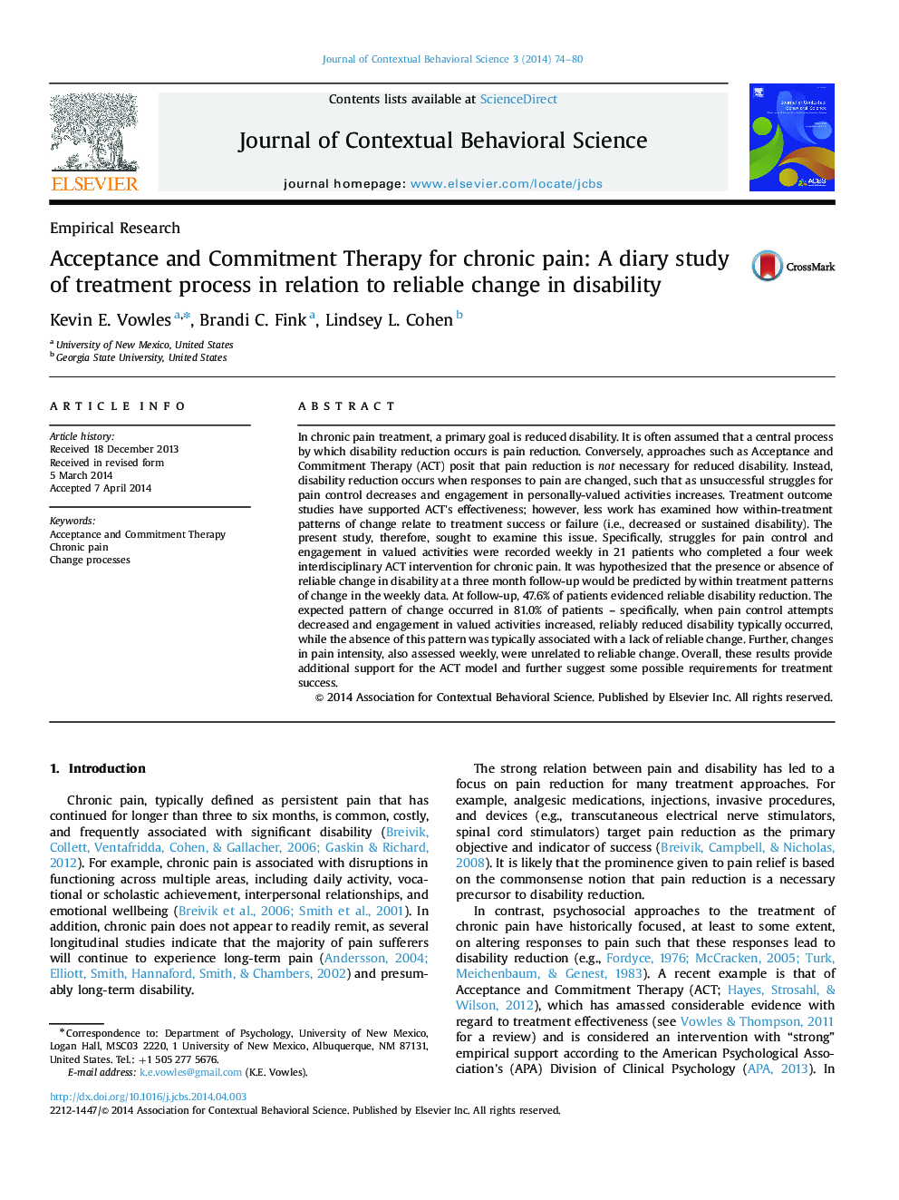 Acceptance and Commitment Therapy for chronic pain: A diary study of treatment process in relation to reliable change in disability