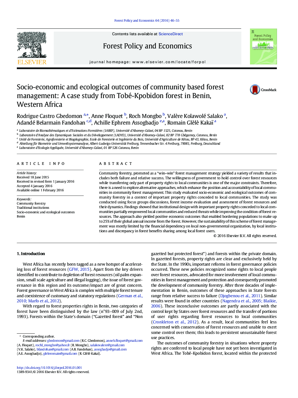 نتایج اجتماعی و اقتصادی و زیست محیطی مدیریت جنگل مبتنی بر جامعه: مطالعه موردی از جنگل توبه-کوپابیدن در بنین، آفریقای غربی