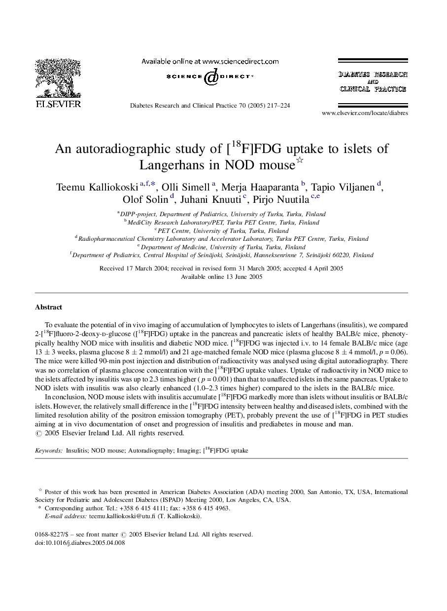 An autoradiographic study of [18F]FDG uptake to islets of Langerhans in NOD mouse