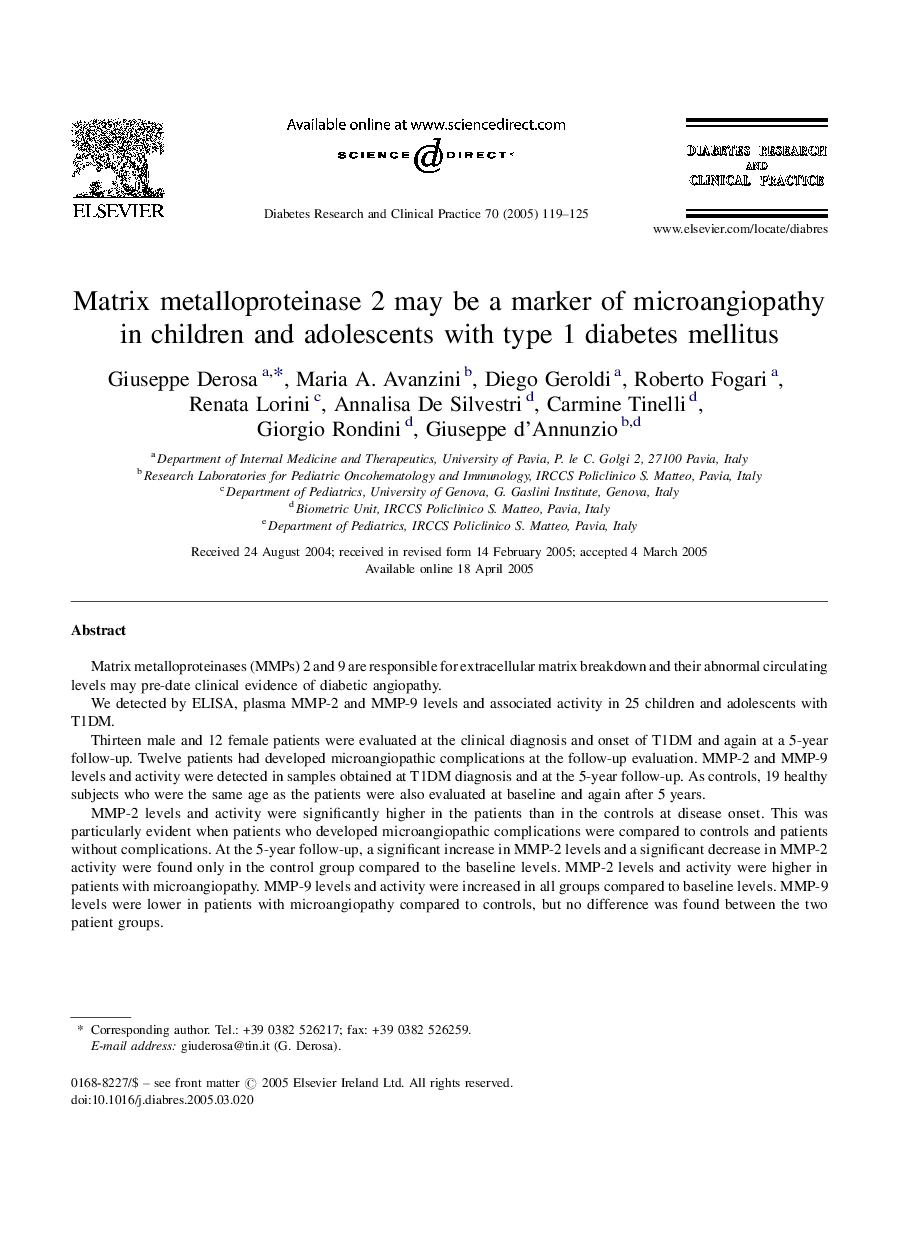 Matrix metalloproteinase 2 may be a marker of microangiopathy in children and adolescents with type 1 diabetes mellitus