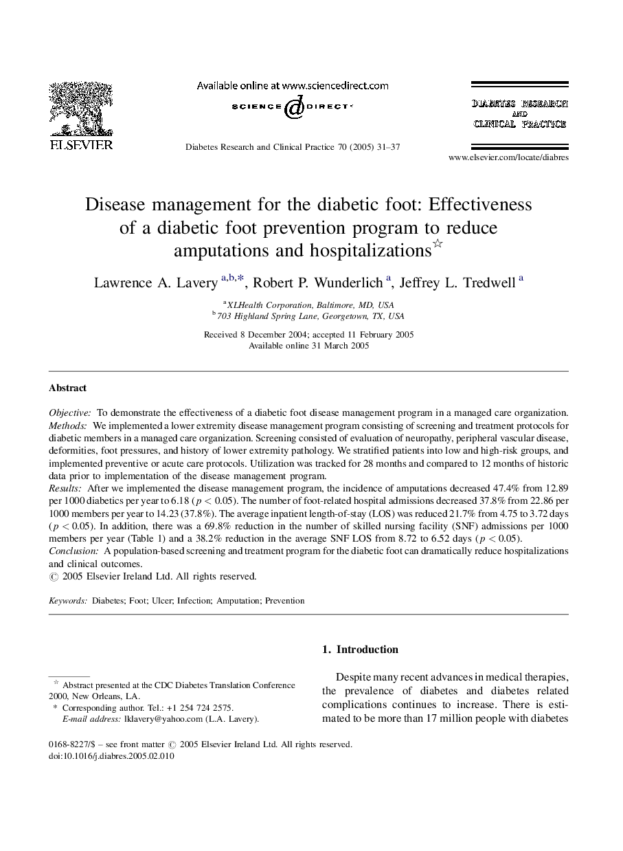 Disease management for the diabetic foot: Effectiveness of a diabetic foot prevention program to reduce amputations and hospitalizations