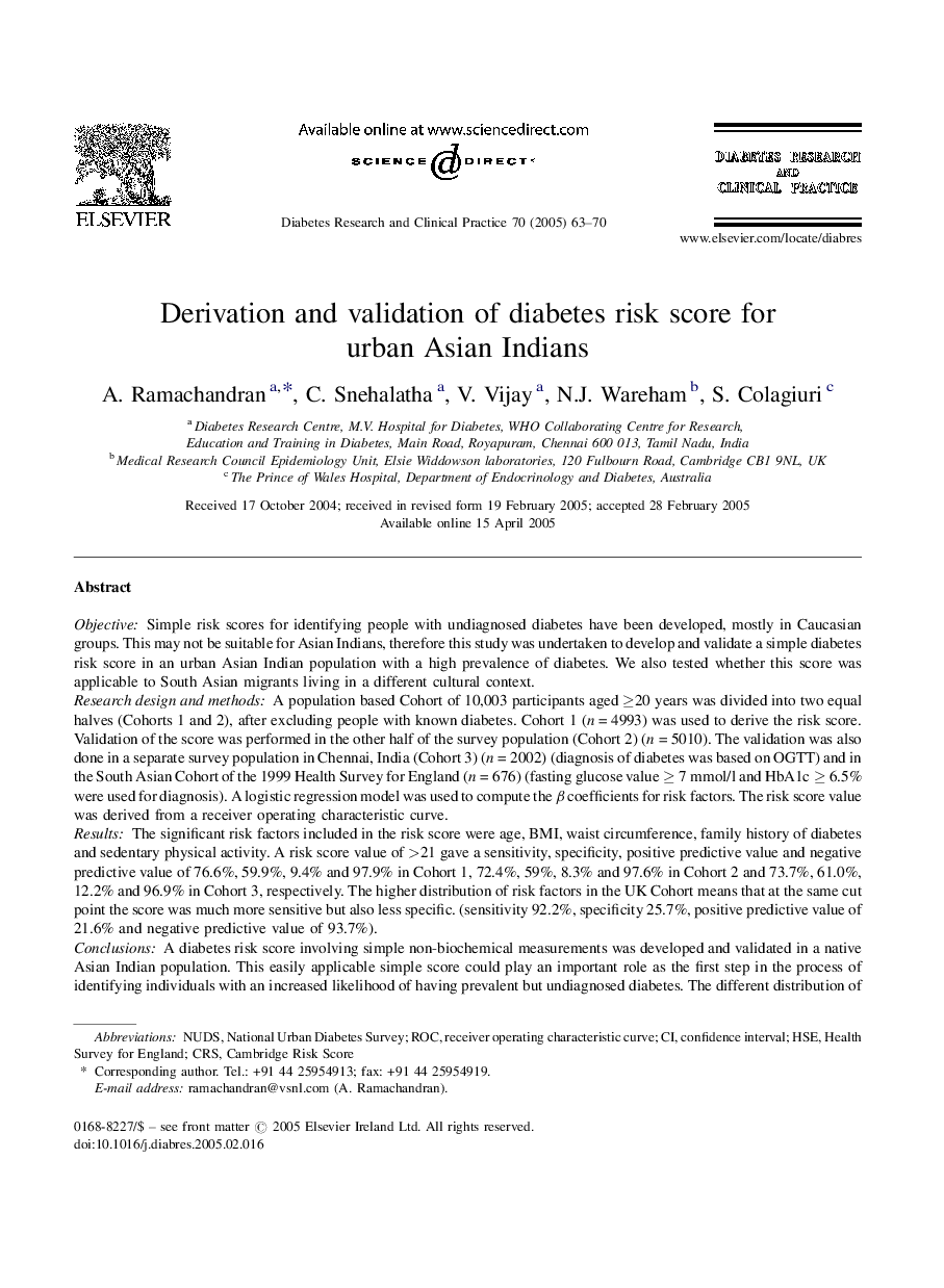 Derivation and validation of diabetes risk score for urban Asian Indians