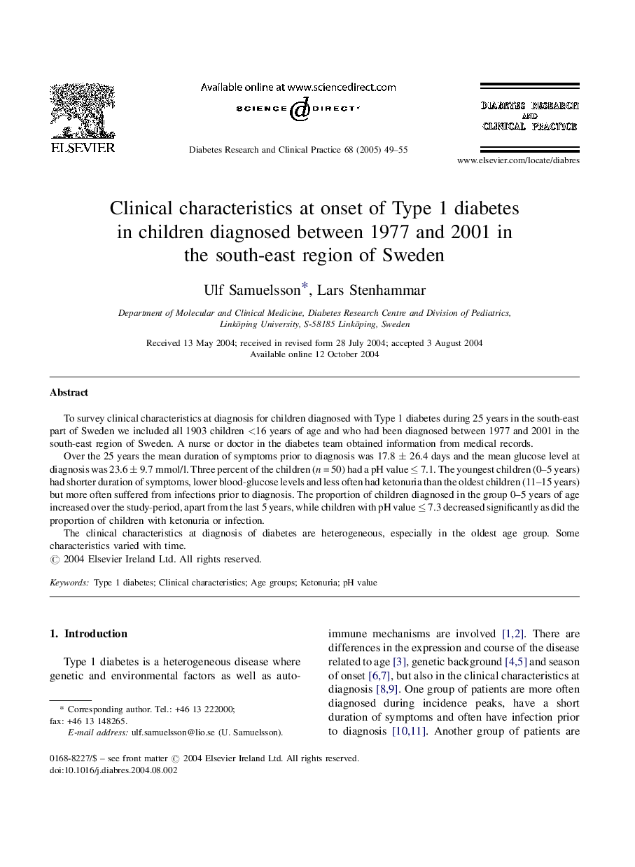 Clinical characteristics at onset of Type 1 diabetes in children diagnosed between 1977 and 2001 in the south-east region of Sweden