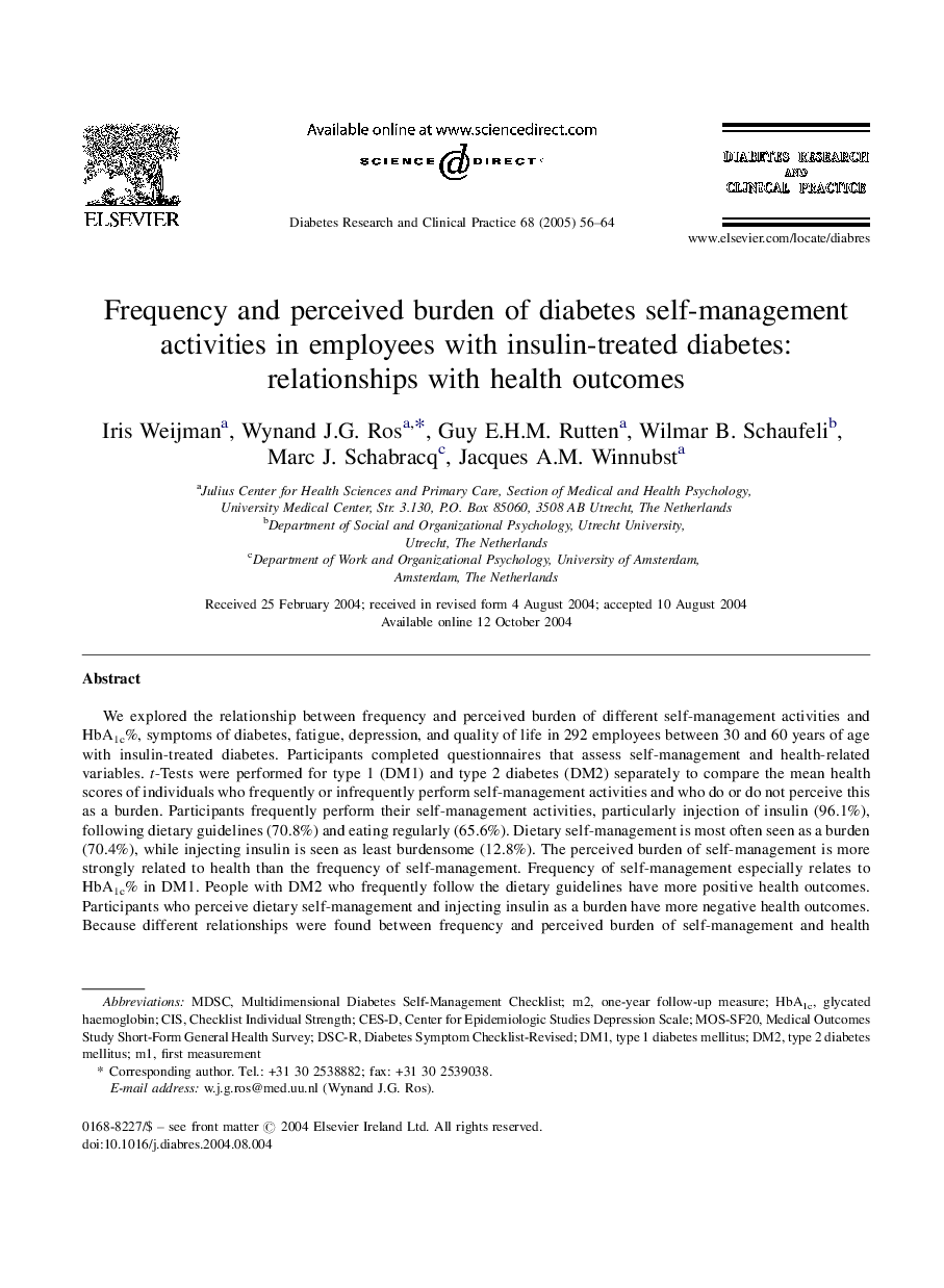 Frequency and perceived burden of diabetes self-management activities in employees with insulin-treated diabetes: relationships with health outcomes