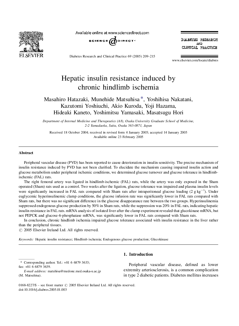 Hepatic insulin resistance induced by chronic hindlimb ischemia