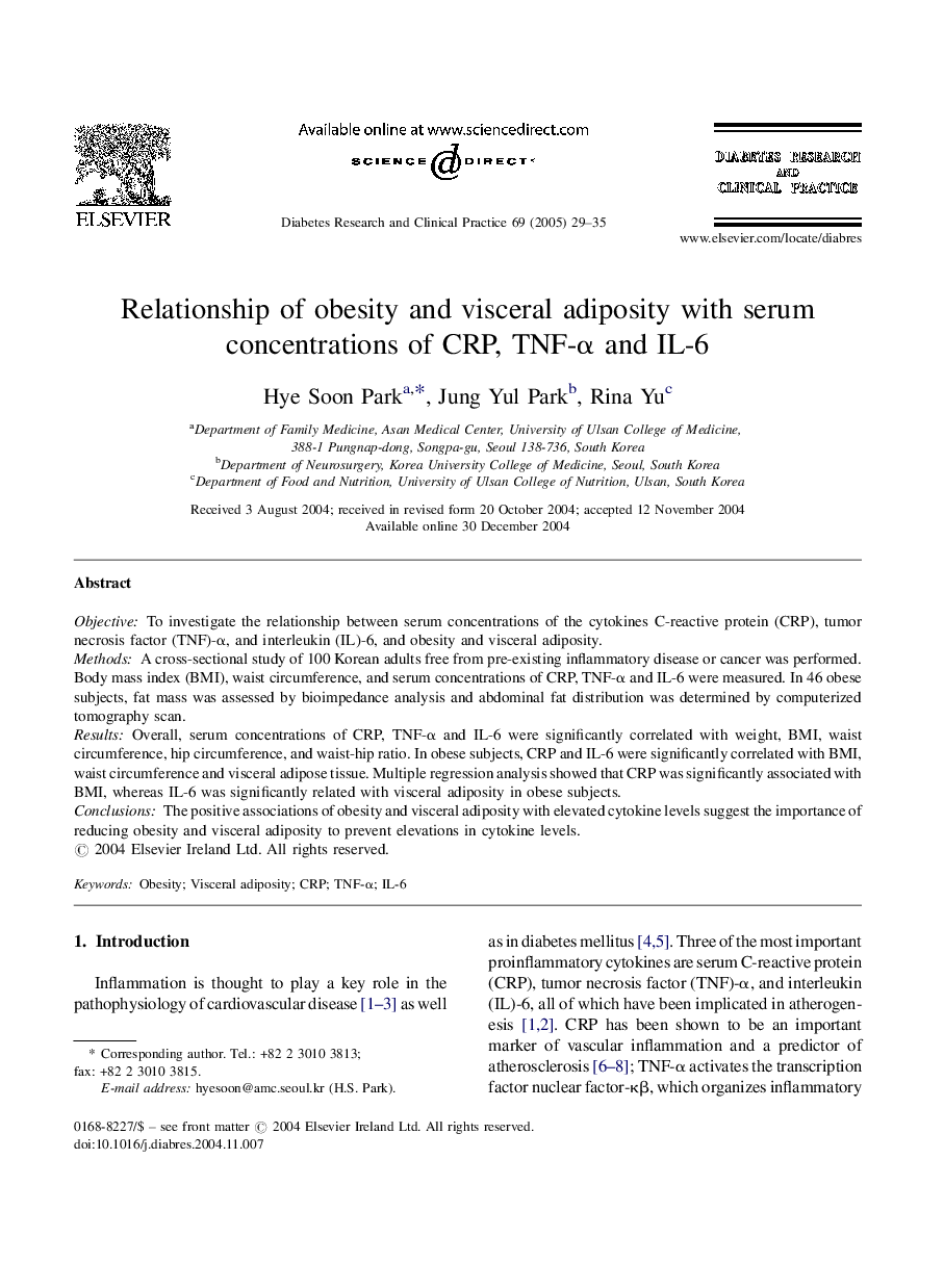 Relationship of obesity and visceral adiposity with serum concentrations of CRP, TNF-Î± and IL-6