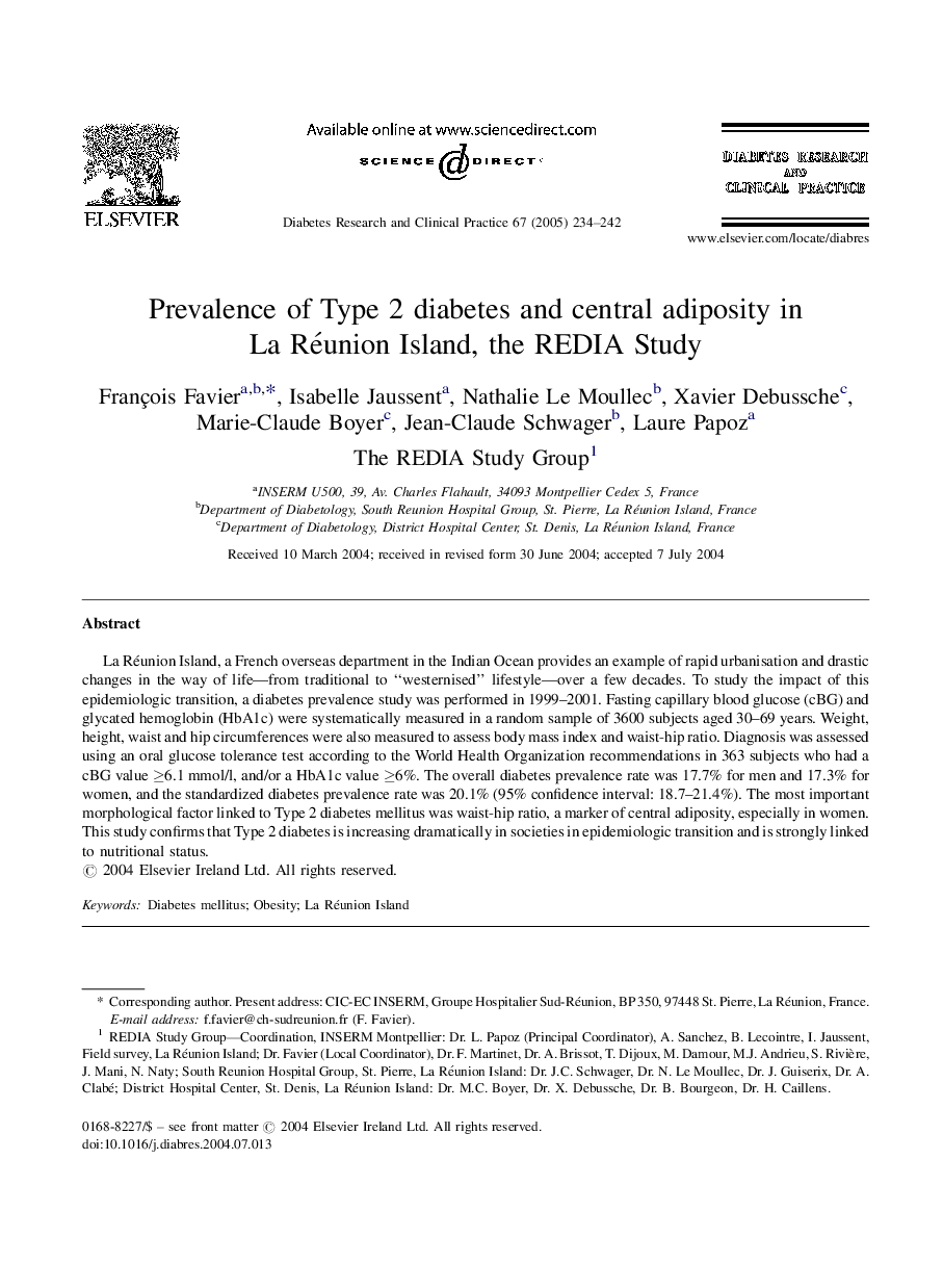 Prevalence of Type 2 diabetes and central adiposity in La Réunion Island, the REDIA Study