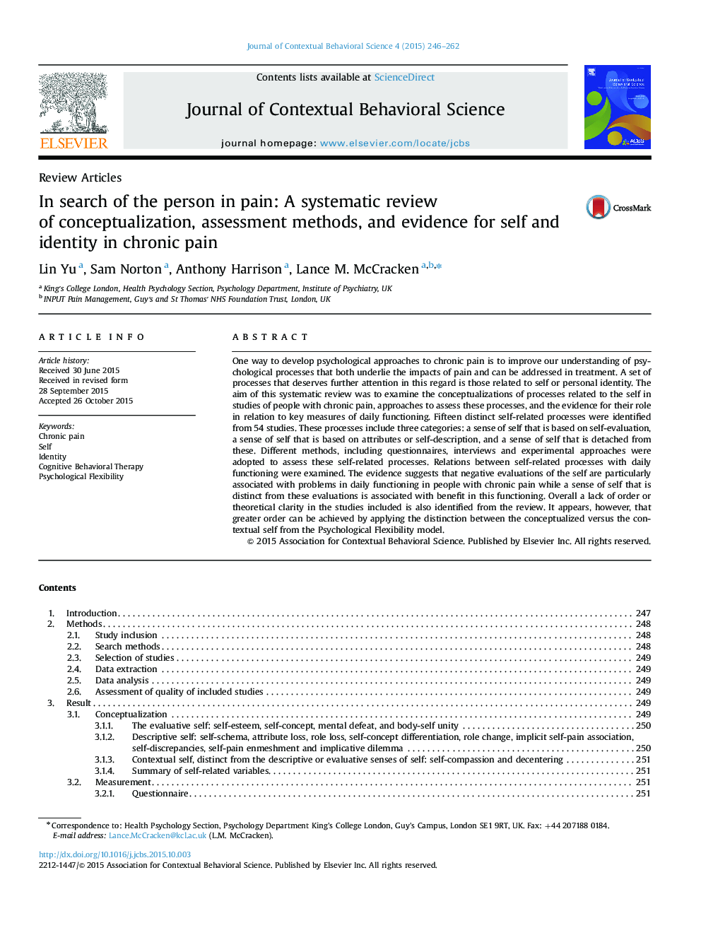 In search of the person in pain: A systematic review of conceptualization, assessment methods, and evidence for self and identity in chronic pain