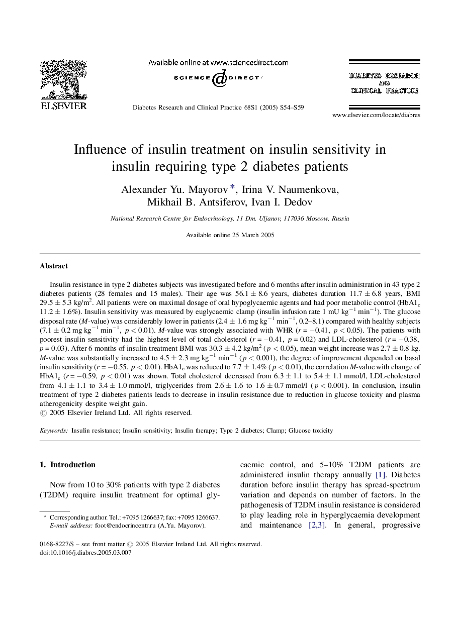 Influence of insulin treatment on insulin sensitivity in insulin requiring type 2 diabetes patients