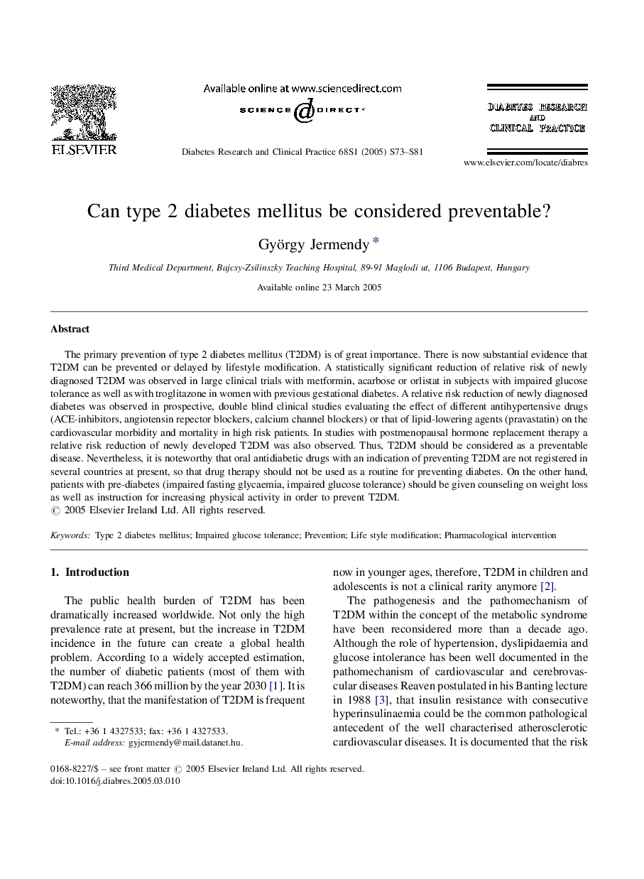 Can type 2 diabetes mellitus be considered preventable?