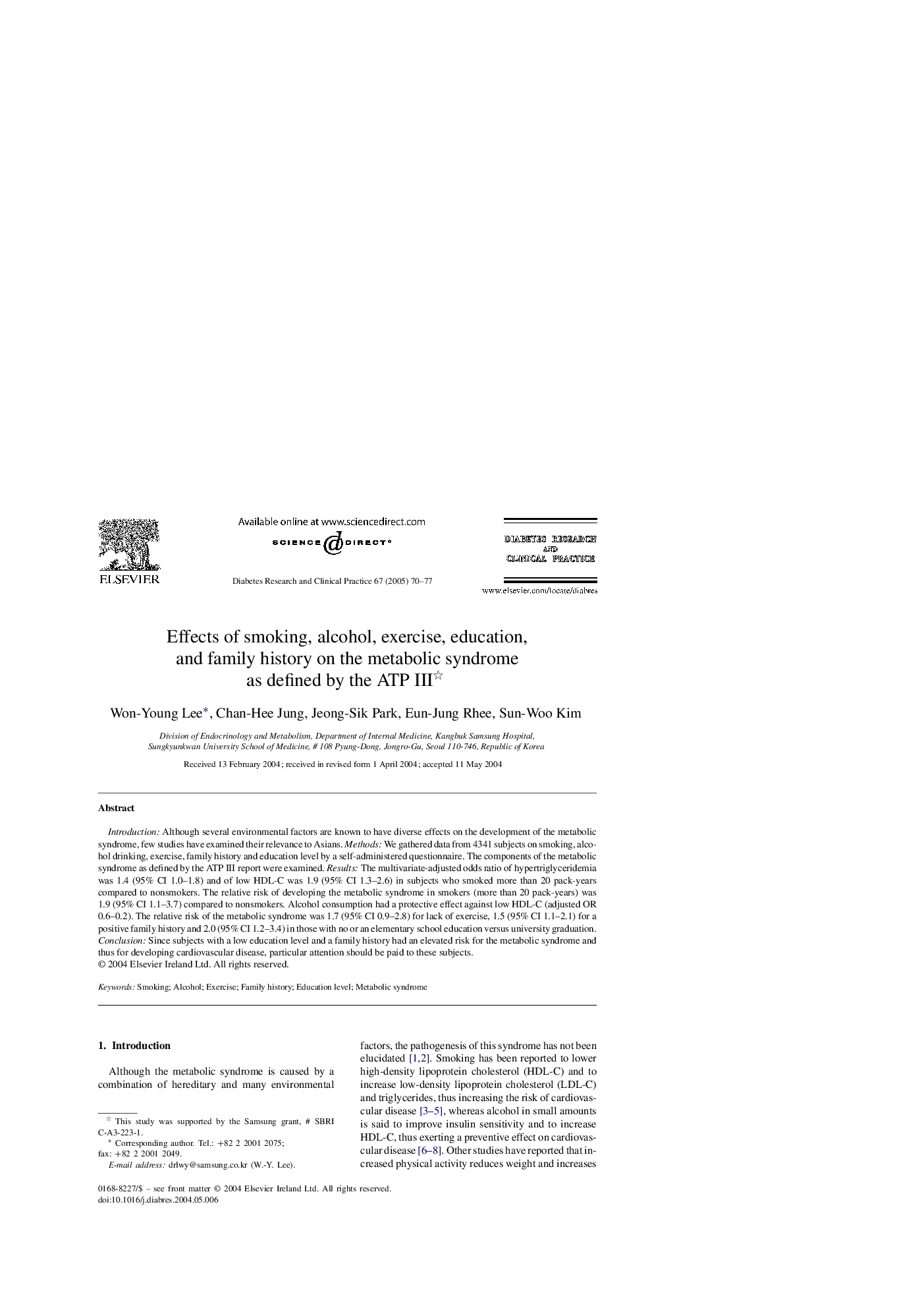 Effects of smoking, alcohol, exercise, education, and family history on the metabolic syndrome as defined by the ATP III