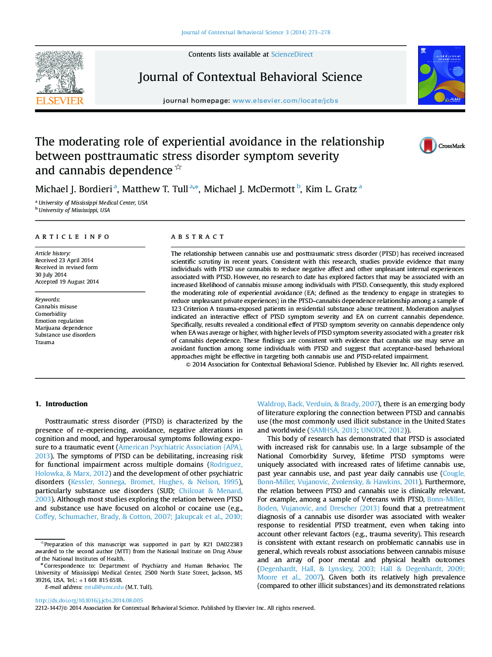 The moderating role of experiential avoidance in the relationship between posttraumatic stress disorder symptom severity and cannabis dependence 