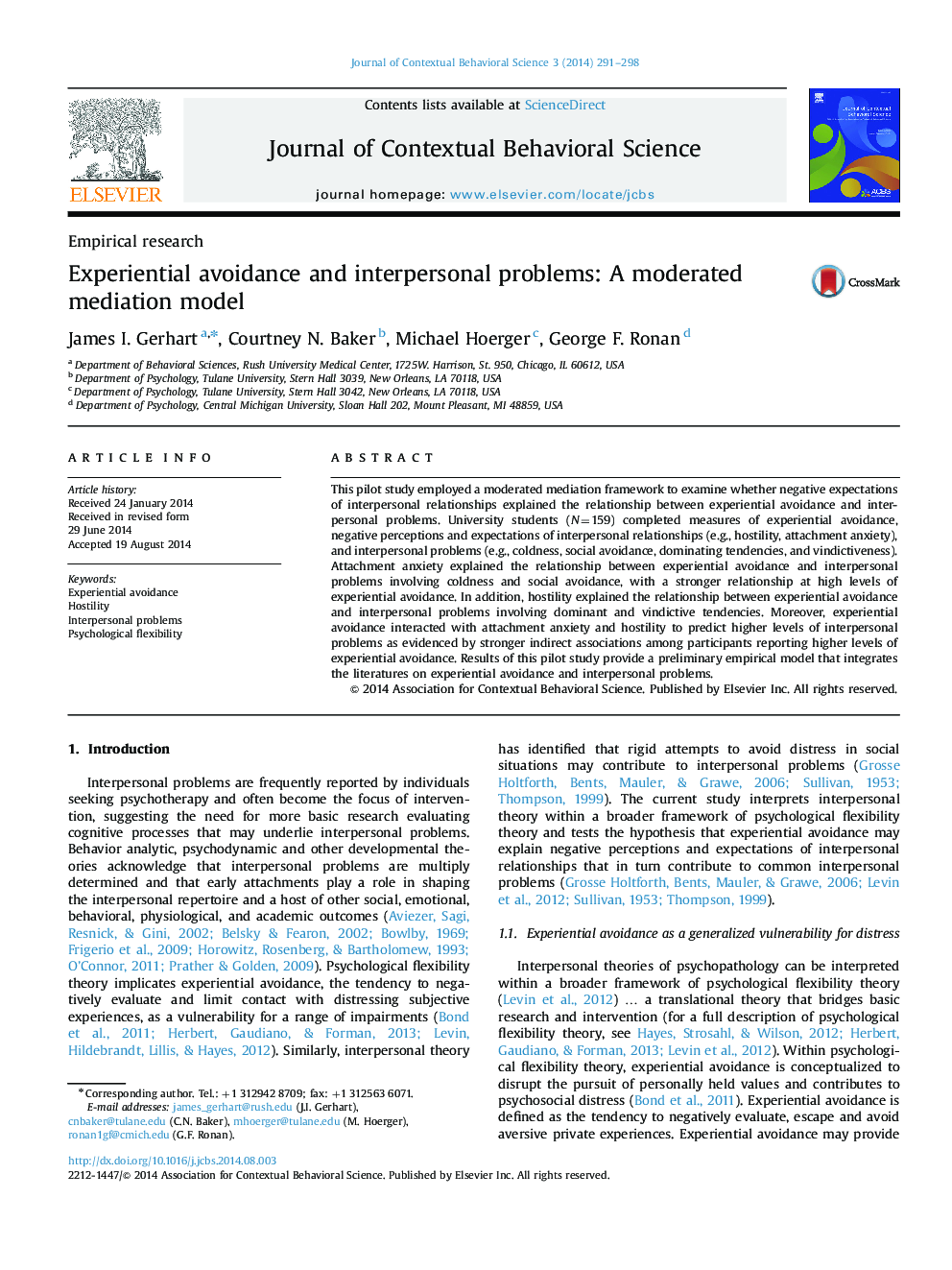 Experiential avoidance and interpersonal problems: A moderated mediation model