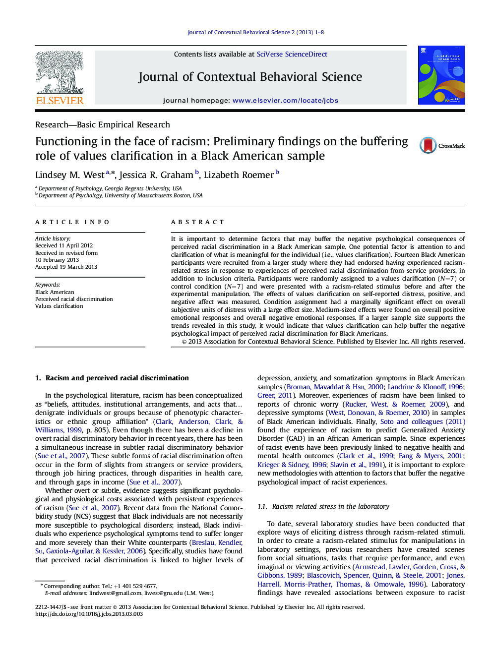 Functioning in the face of racism: Preliminary findings on the buffering role of values clarification in a Black American sample