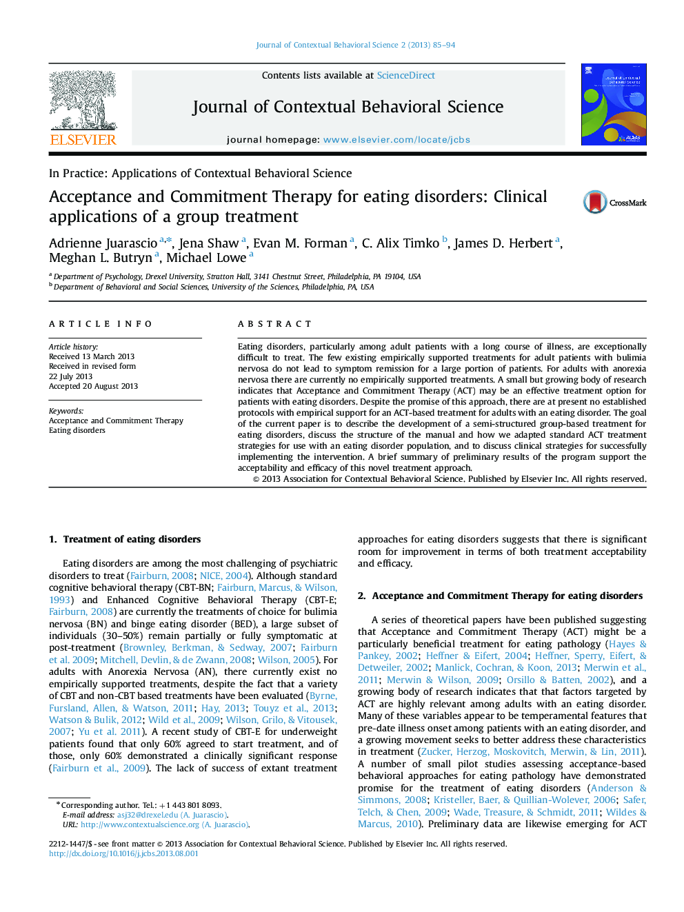 Acceptance and Commitment Therapy for eating disorders: Clinical applications of a group treatment