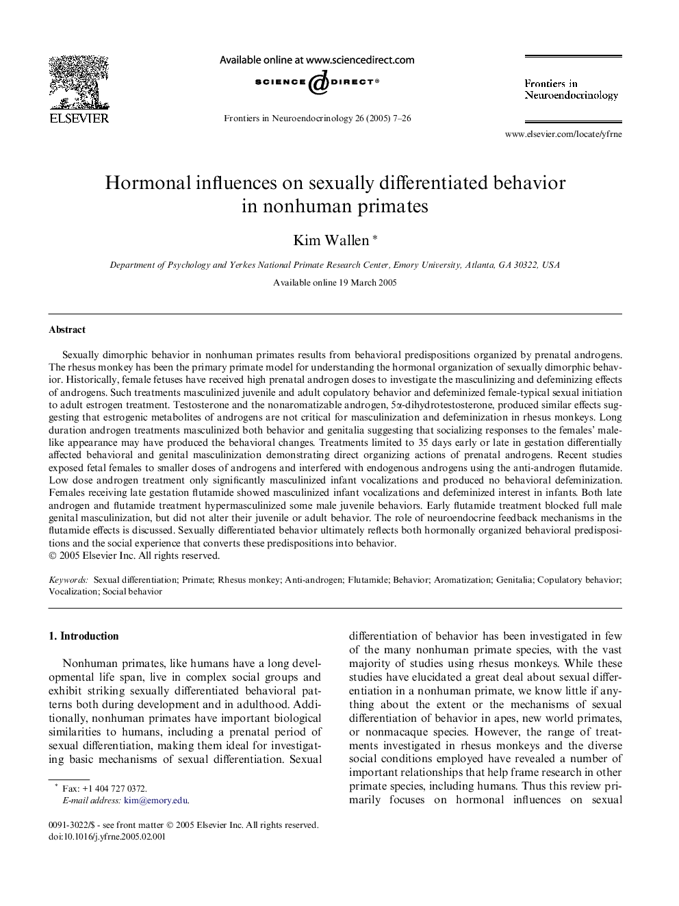 Hormonal influences on sexually differentiated behavior in nonhuman primates