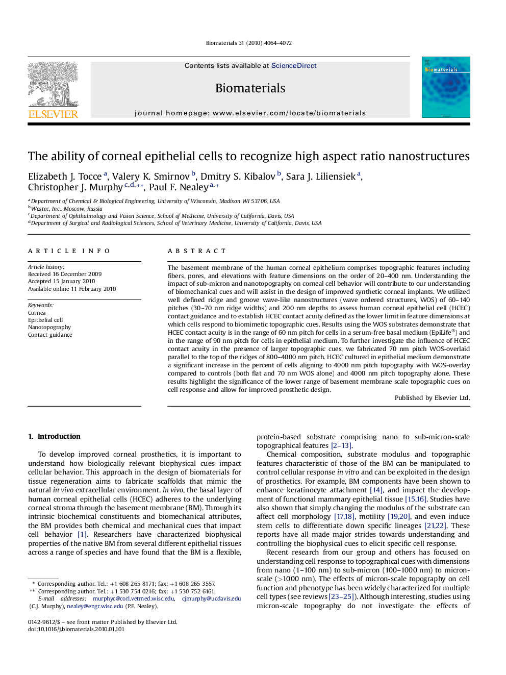 The ability of corneal epithelial cells to recognize high aspect ratio nanostructures