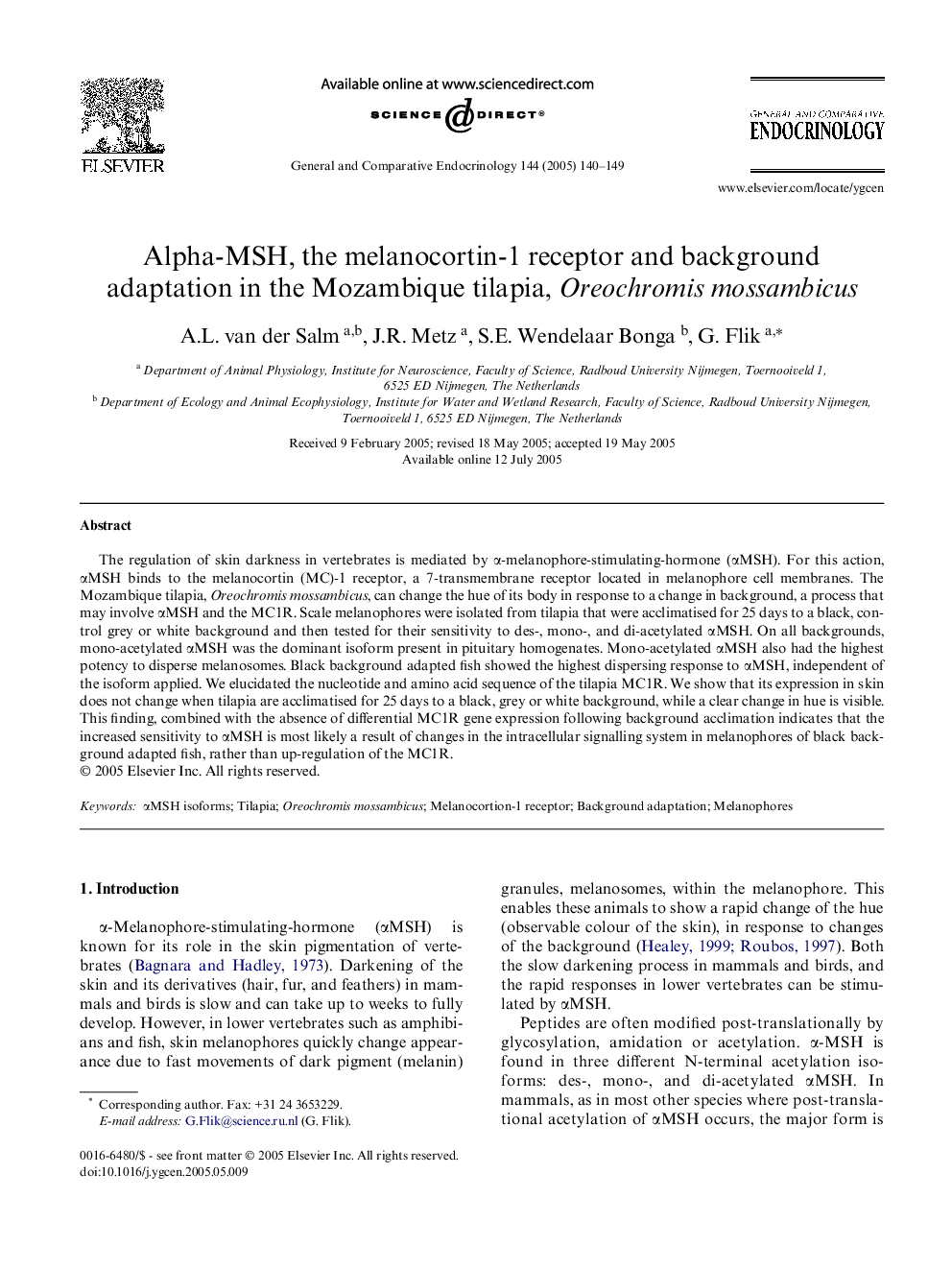 Alpha-MSH, the melanocortin-1 receptor and background adaptation in the Mozambique tilapia, Oreochromis mossambicus