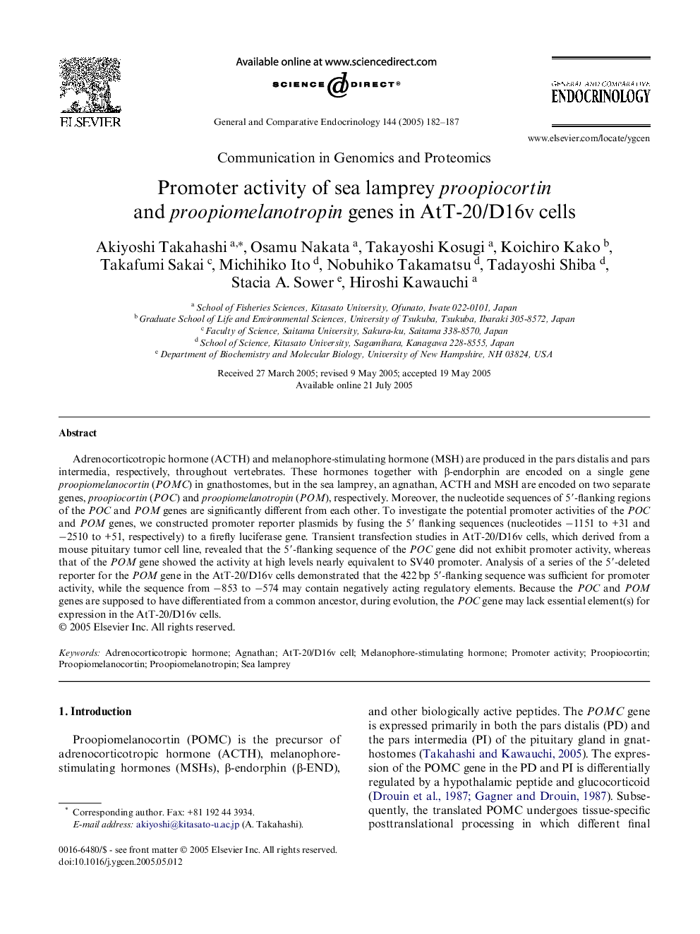 Promoter activity of sea lamprey proopiocortin and proopiomelanotropin genes in AtT-20/D16v cells