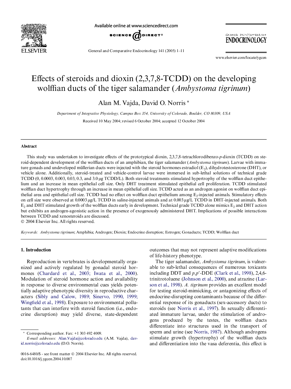 Effects of steroids and dioxin (2,3,7,8-TCDD) on the developing wolffian ducts of the tiger salamander (Ambystoma tigrinum)