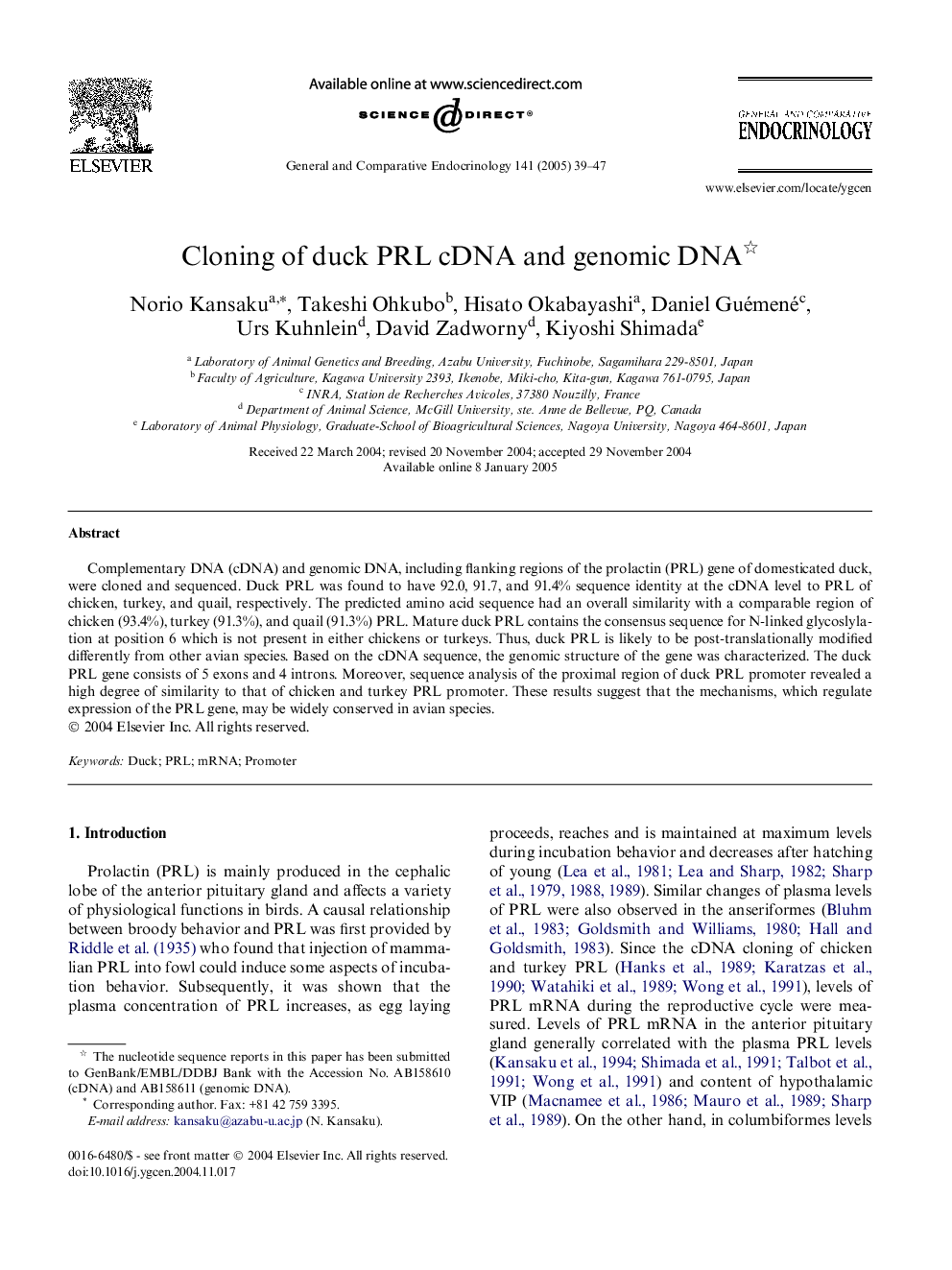 Cloning of duck PRL cDNA and genomic DNA