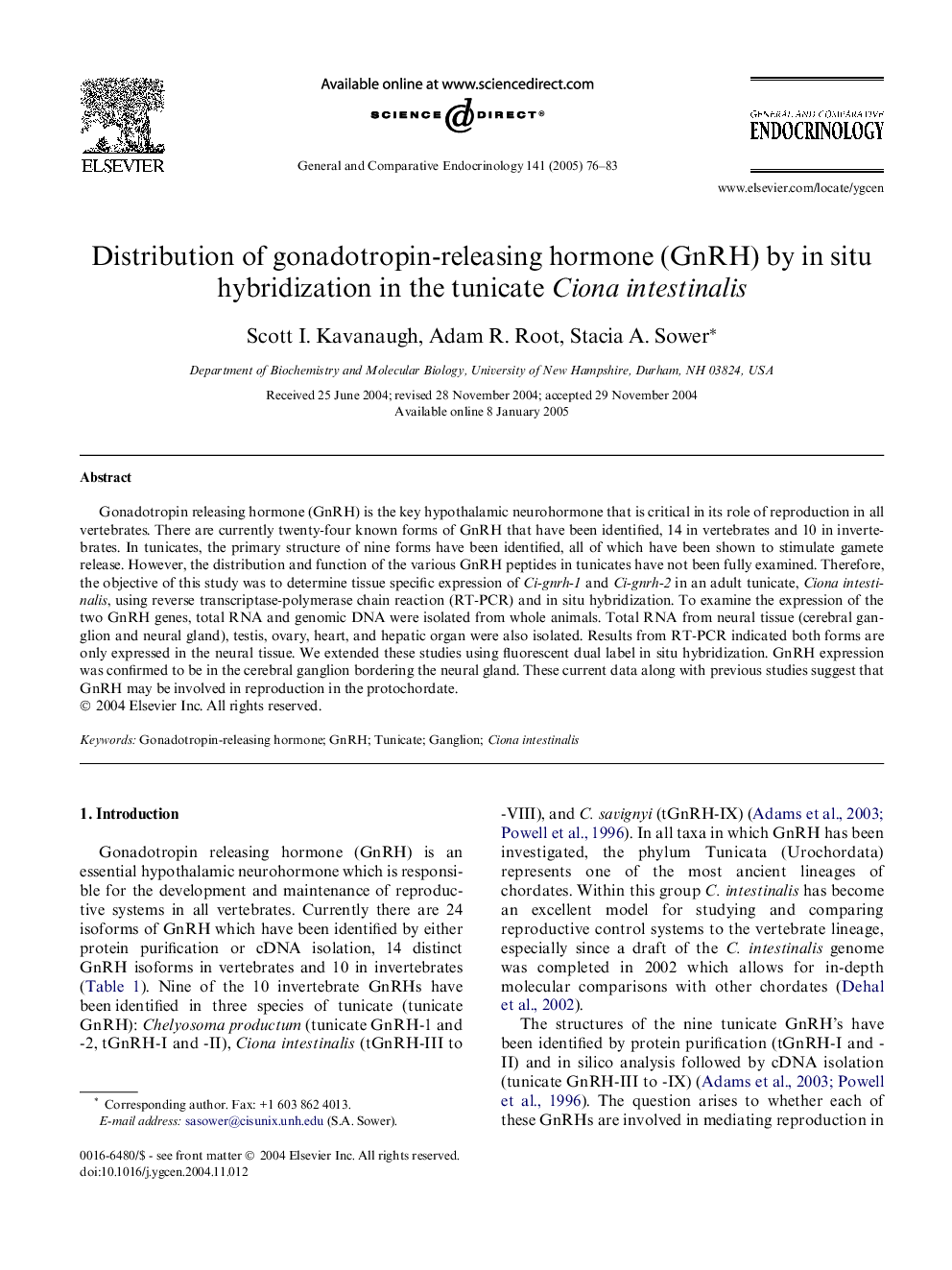 Distribution of gonadotropin-releasing hormone (GnRH) by in situ hybridization in the tunicate Ciona intestinalis
