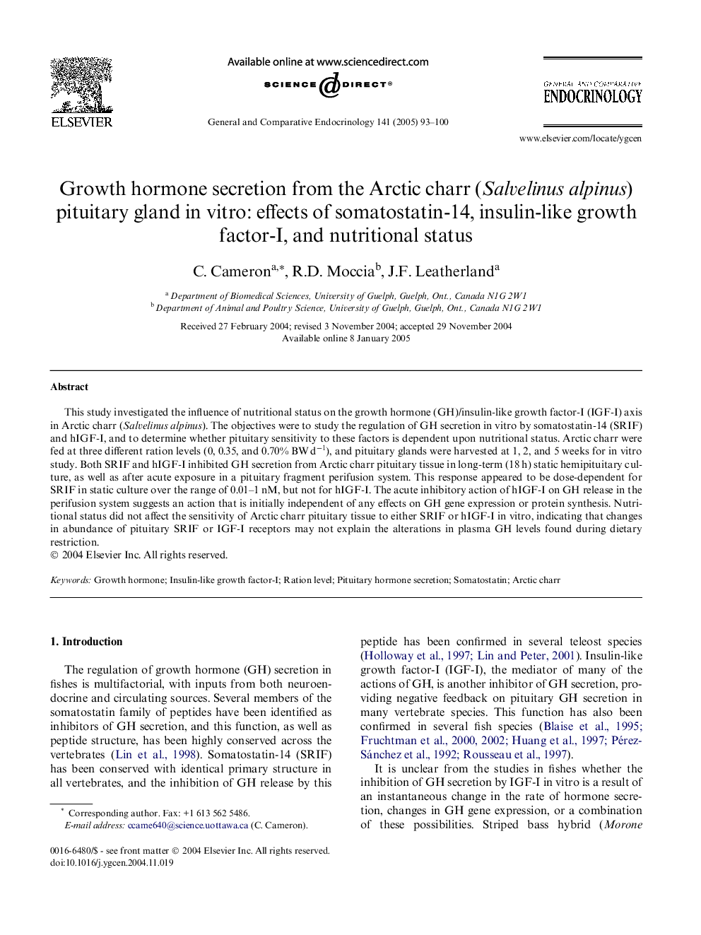 Growth hormone secretion from the Arctic charr (Salvelinus alpinus) pituitary gland in vitro: effects of somatostatin-14, insulin-like growth factor-I, and nutritional status