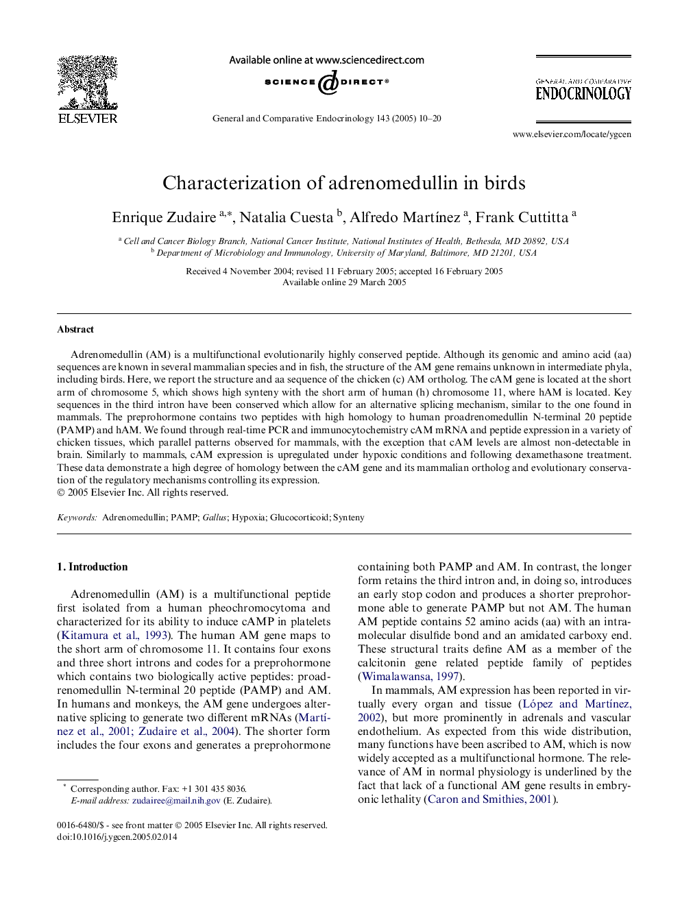 Characterization of adrenomedullin in birds