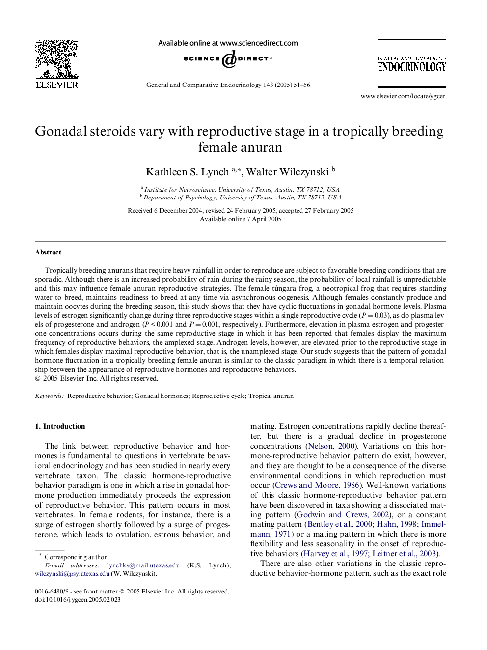 Gonadal steroids vary with reproductive stage in a tropically breeding female anuran