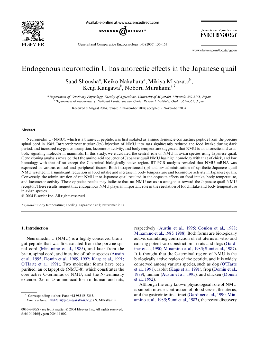 Endogenous neuromedin U has anorectic effects in the Japanese quail