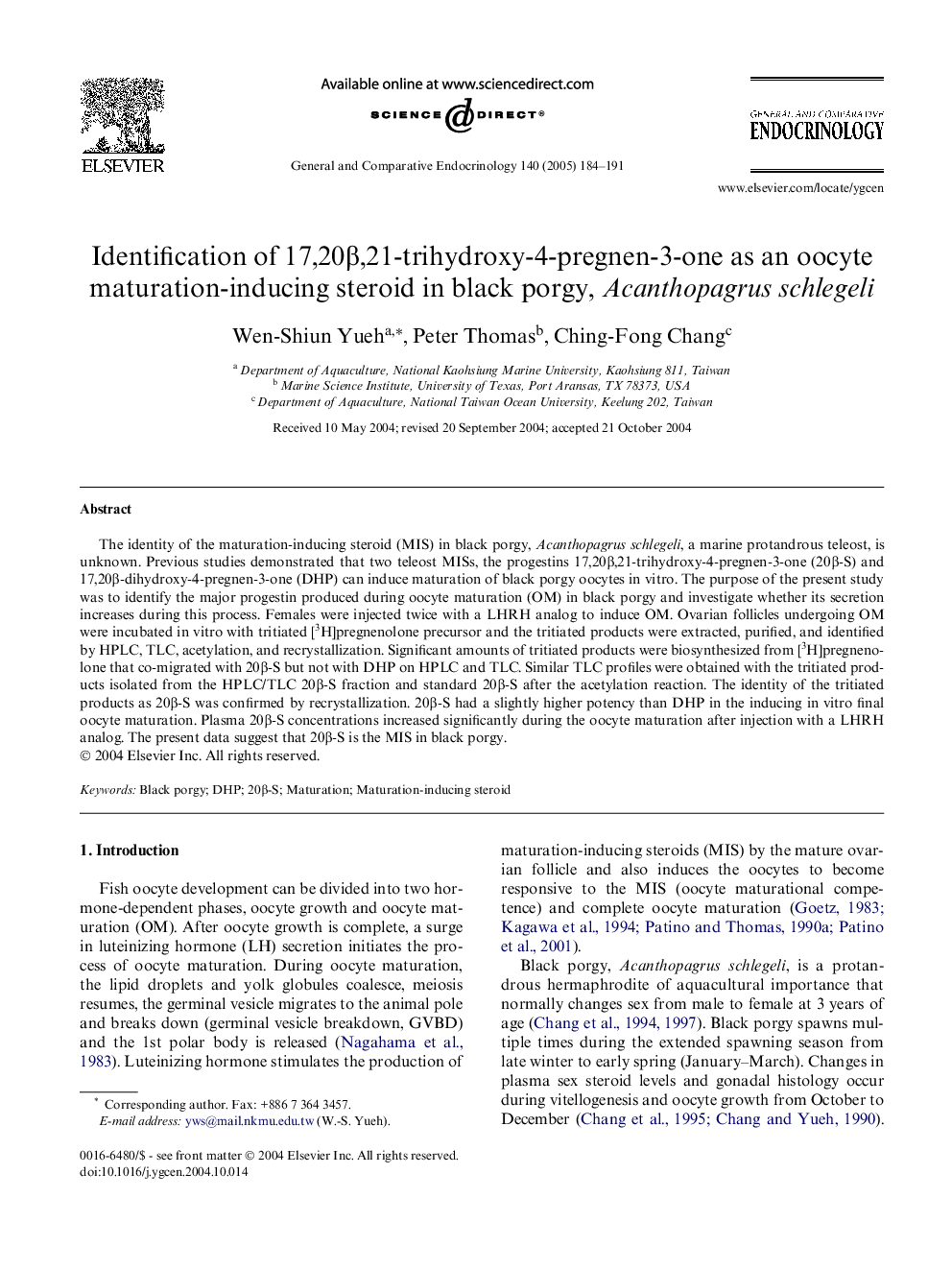 Identification of 17,20Î²,21-trihydroxy-4-pregnen-3-one as an oocyte maturation-inducing steroid in black porgy, Acanthopagrus schlegeli