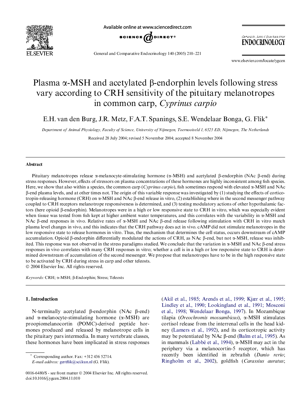 Plasma Î±-MSH and acetylated Î²-endorphin levels following stress vary according to CRH sensitivity of the pituitary melanotropes in common carp, Cyprinus carpio