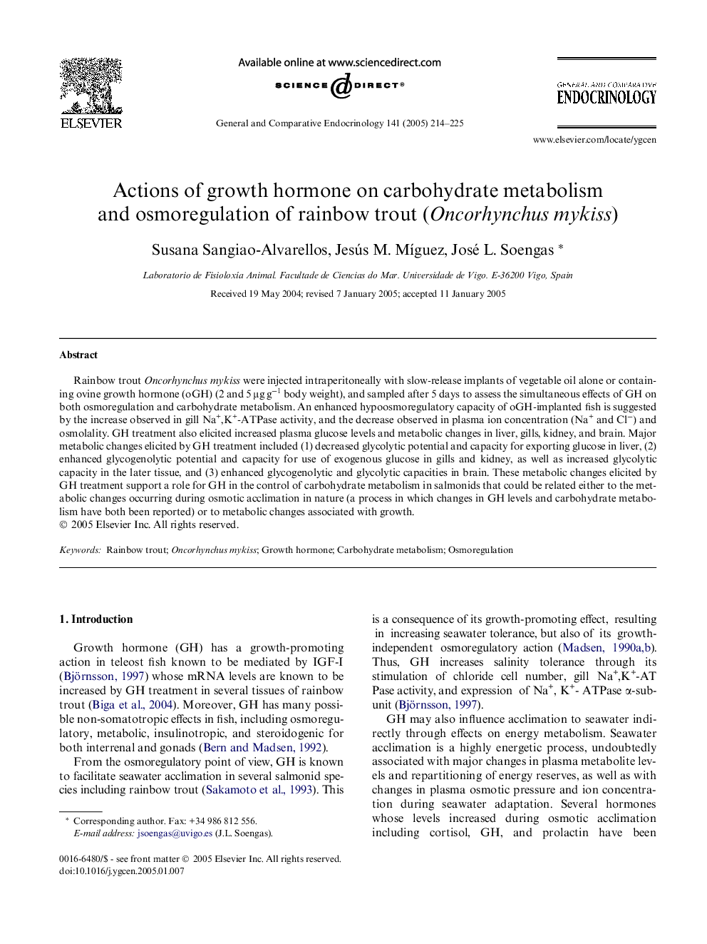 Actions of growth hormone on carbohydrate metabolism and osmoregulation of rainbow trout (Oncorhynchus mykiss)