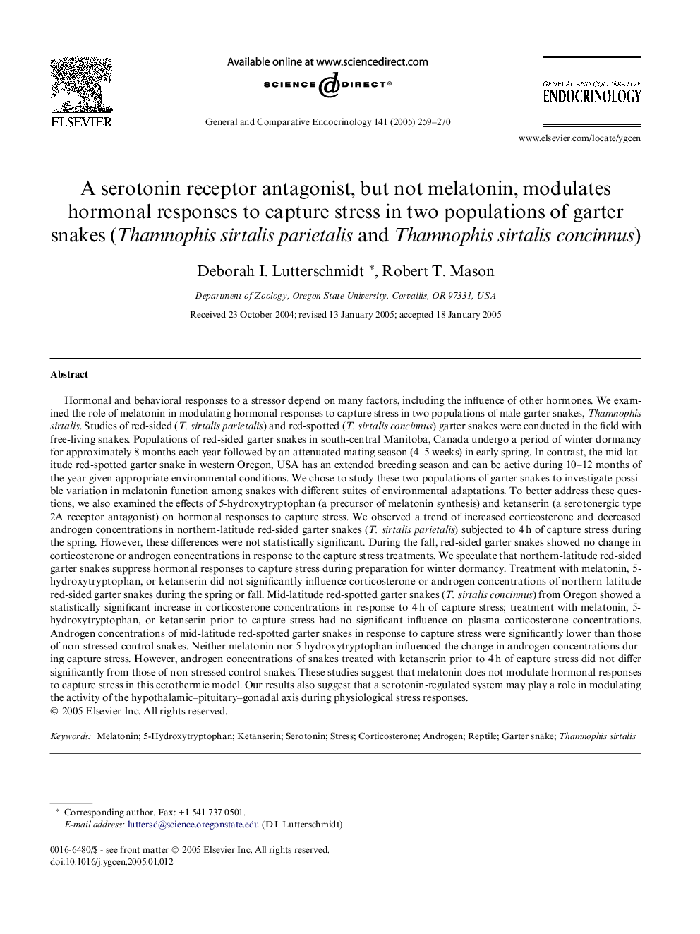 A serotonin receptor antagonist, but not melatonin, modulates hormonal responses to capture stress in two populations of garter snakes (Thamnophis sirtalis parietalis and Thamnophis sirtalis concinnus)