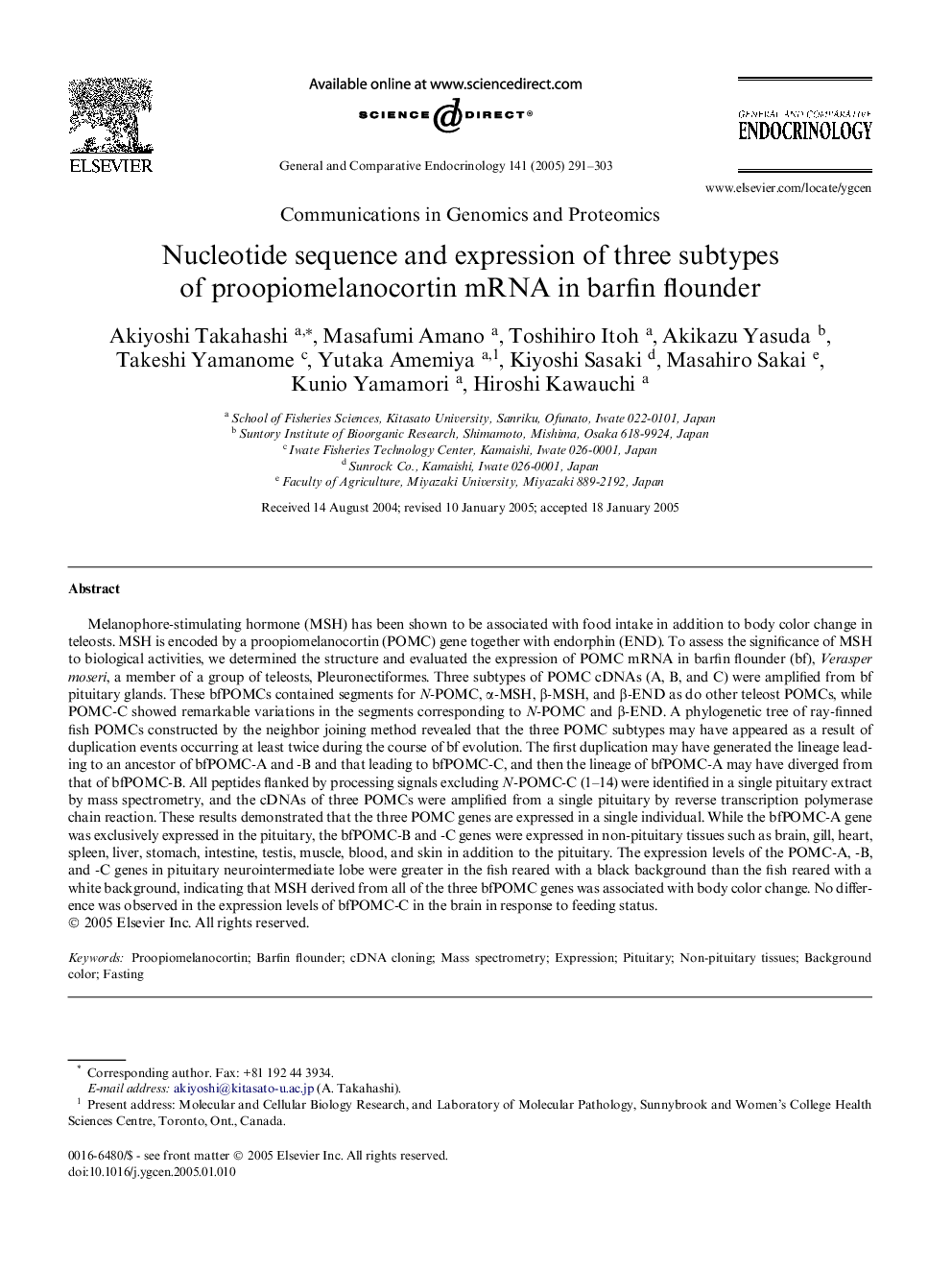 Nucleotide sequence and expression of three subtypes of proopiomelanocortin mRNA in barfin flounder