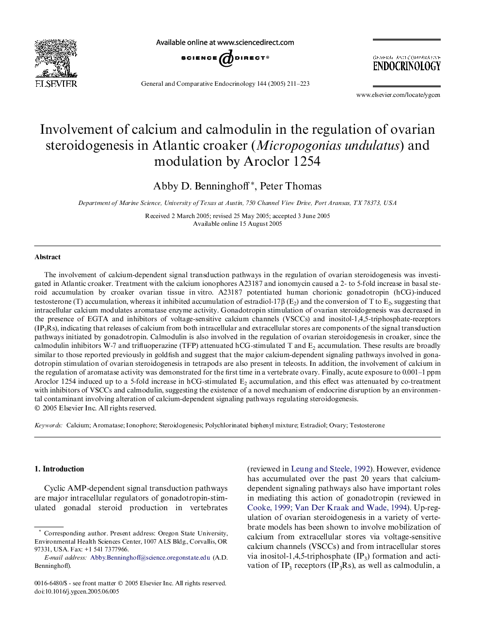 Involvement of calcium and calmodulin in the regulation of ovarian steroidogenesis in Atlantic croaker (Micropogonias undulatus) and modulation by Aroclor 1254