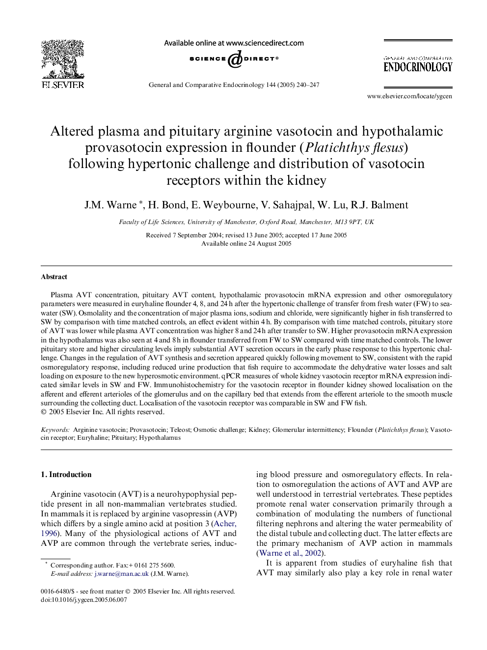 Altered plasma and pituitary arginine vasotocin and hypothalamic provasotocin expression in flounder (Platichthys flesus) following hypertonic challenge and distribution of vasotocin receptors within the kidney