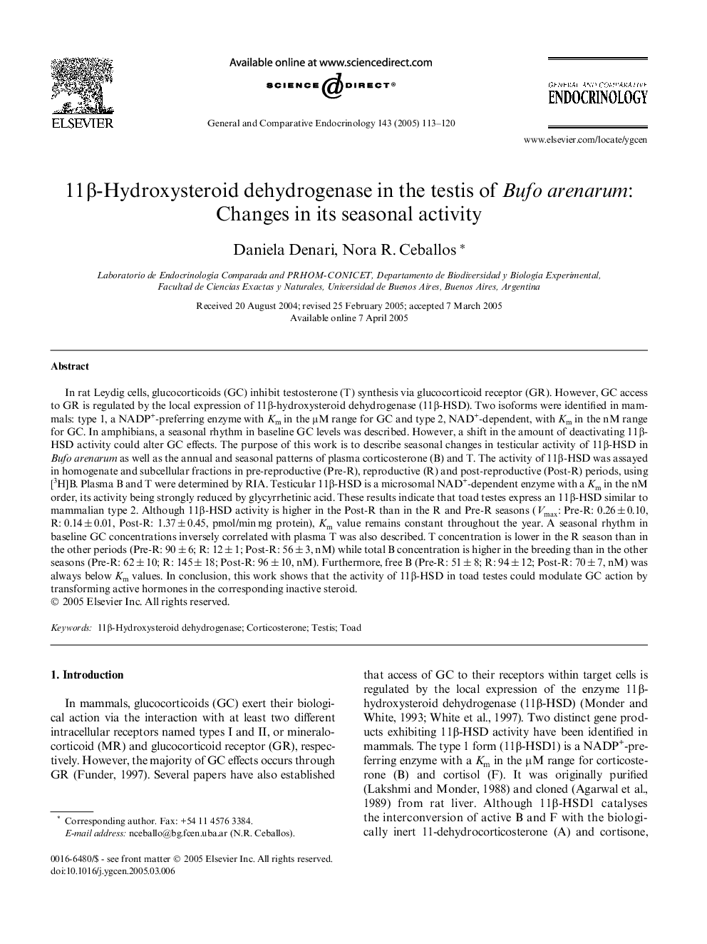 11Î²-Hydroxysteroid dehydrogenase in the testis of Bufo arenarum: Changes in its seasonal activity