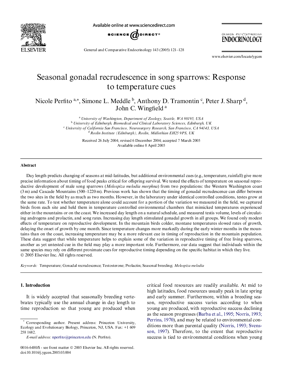 Seasonal gonadal recrudescence in song sparrows: Response to temperature cues