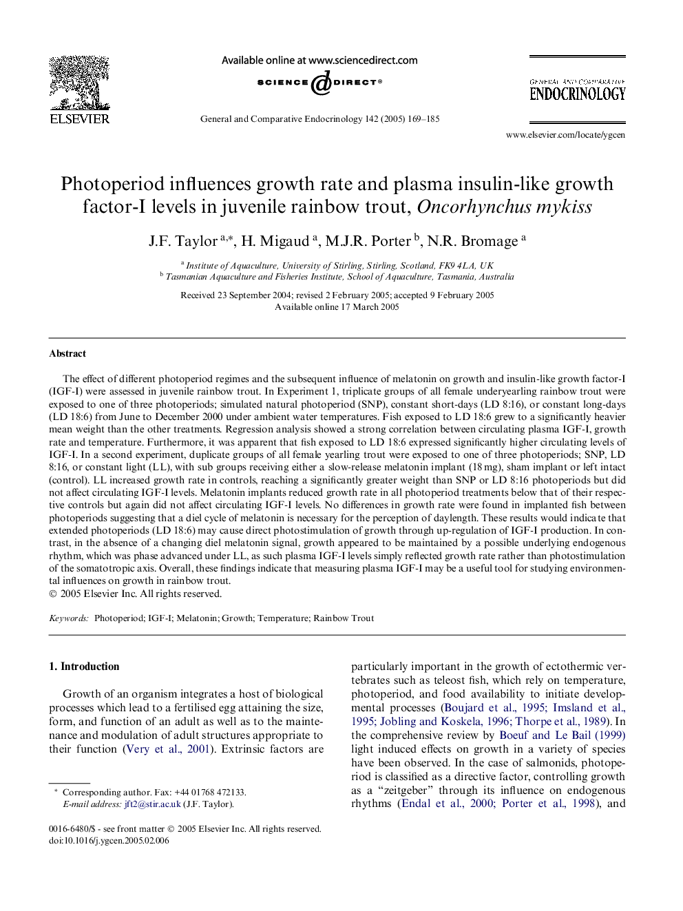 Photoperiod influences growth rate and plasma insulin-like growth factor-I levels in juvenile rainbow trout, Oncorhynchus mykiss