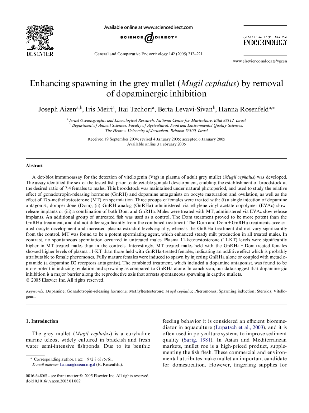 Enhancing spawning in the grey mullet (Mugil cephalus) by removal of dopaminergic inhibition