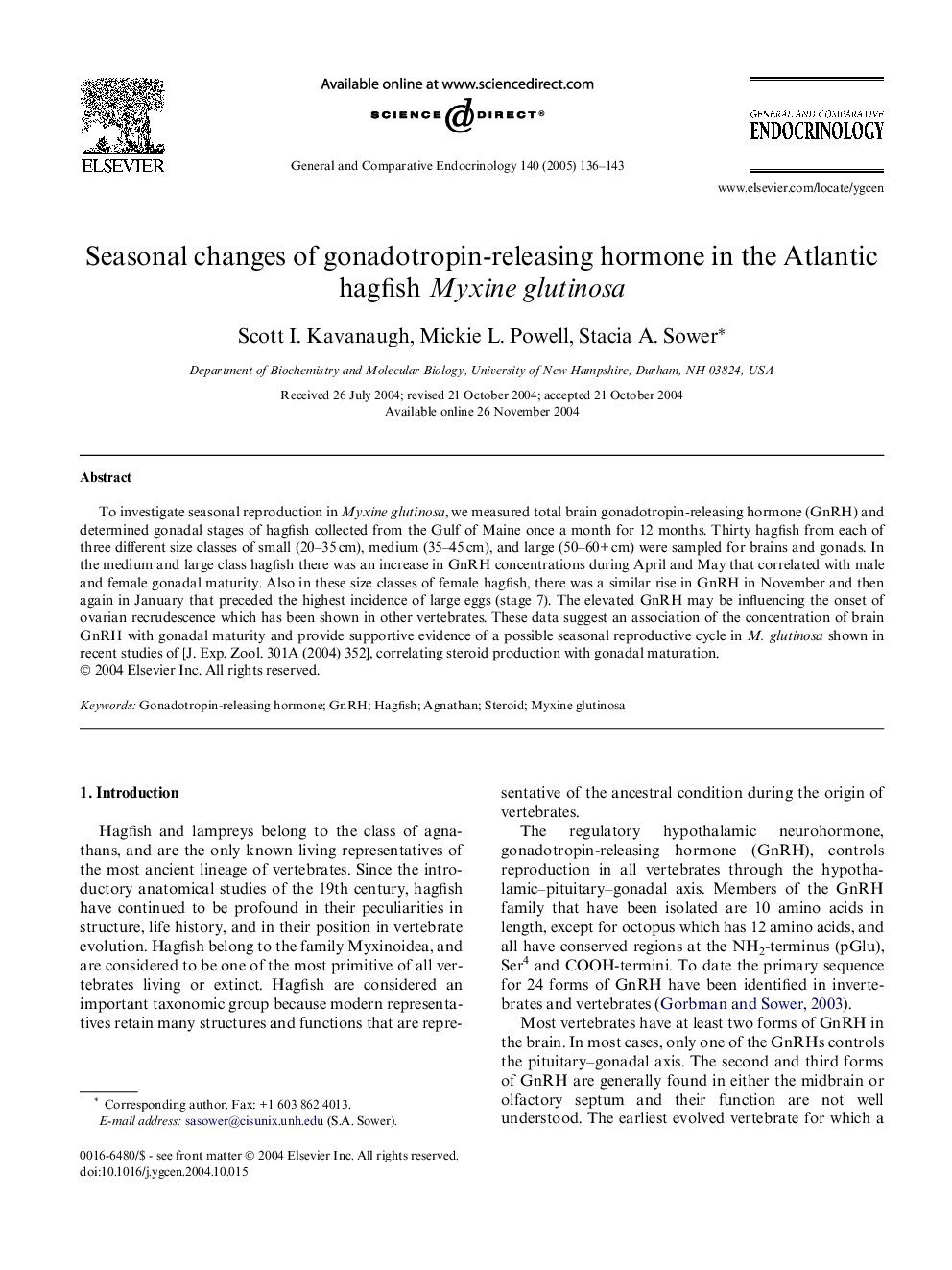 Seasonal changes of gonadotropin-releasing hormone in the Atlantic hagfish Myxine glutinosa